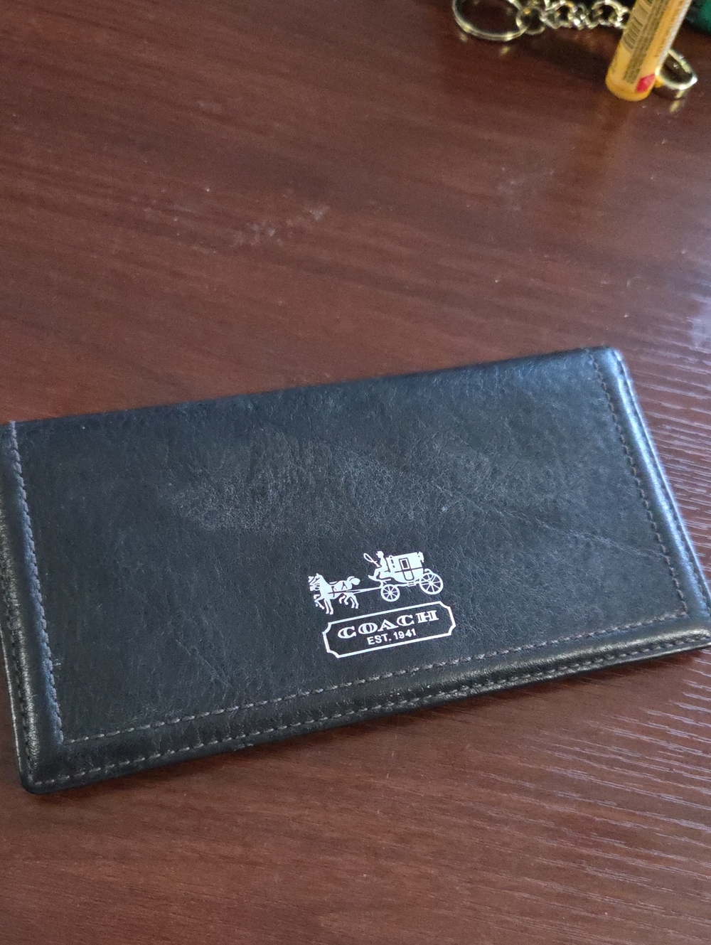Coach Black Leather Cheque Book Cover Wallet Signature Carriage Logo Vintage